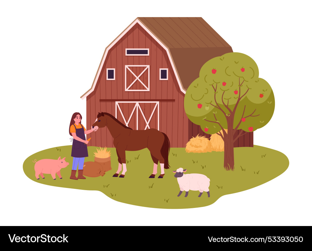 Country worker with farm animals woman feed Country worker with farm animals woman feed vector image