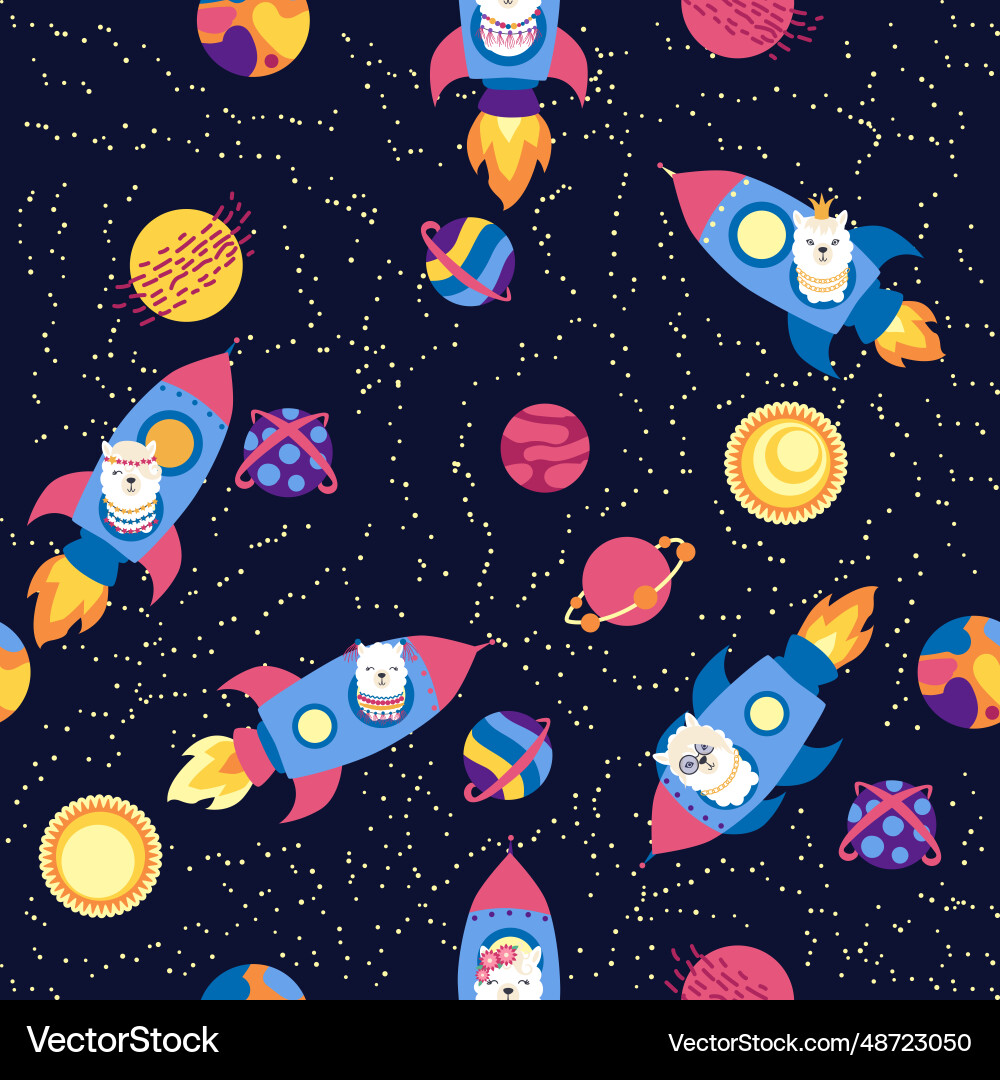 Seamless pattern with lama in a rocket space Seamless pattern with lama in a rocket space Vector Image