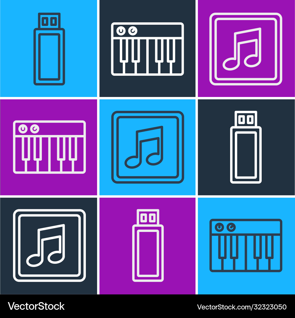 Set line usb flash drive music note tone Set line usb flash drive music note tone vector image
