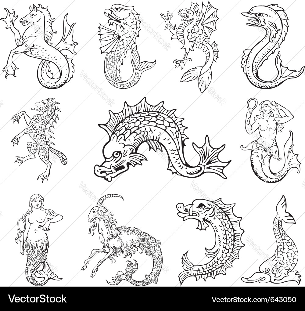 Woodcut Sea Monsters & Heraldic Creatures Vector Image