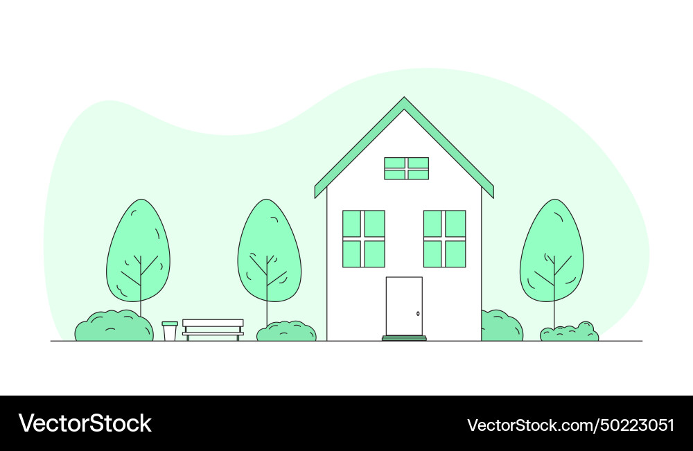 House with trees in doodle style linear simple House with trees in doodle style linear simple vector image