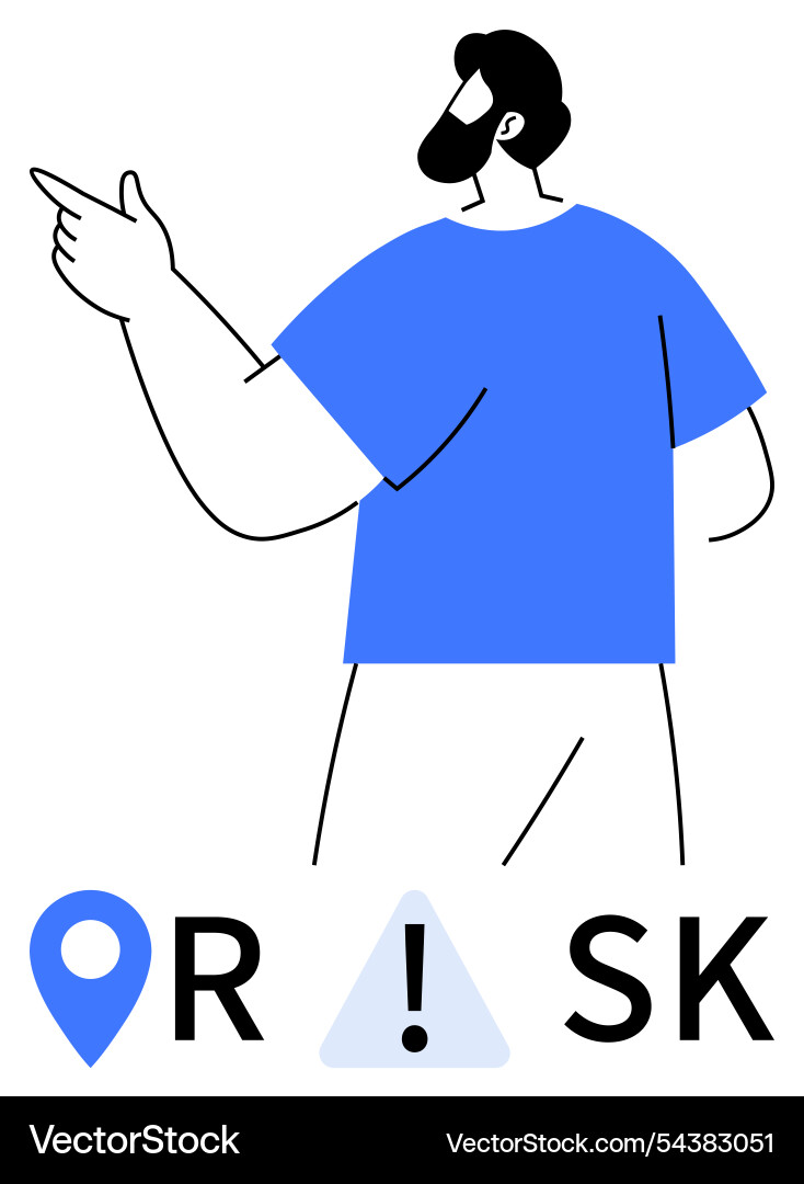 Man pointing with warning sign and risk text Vector Image
