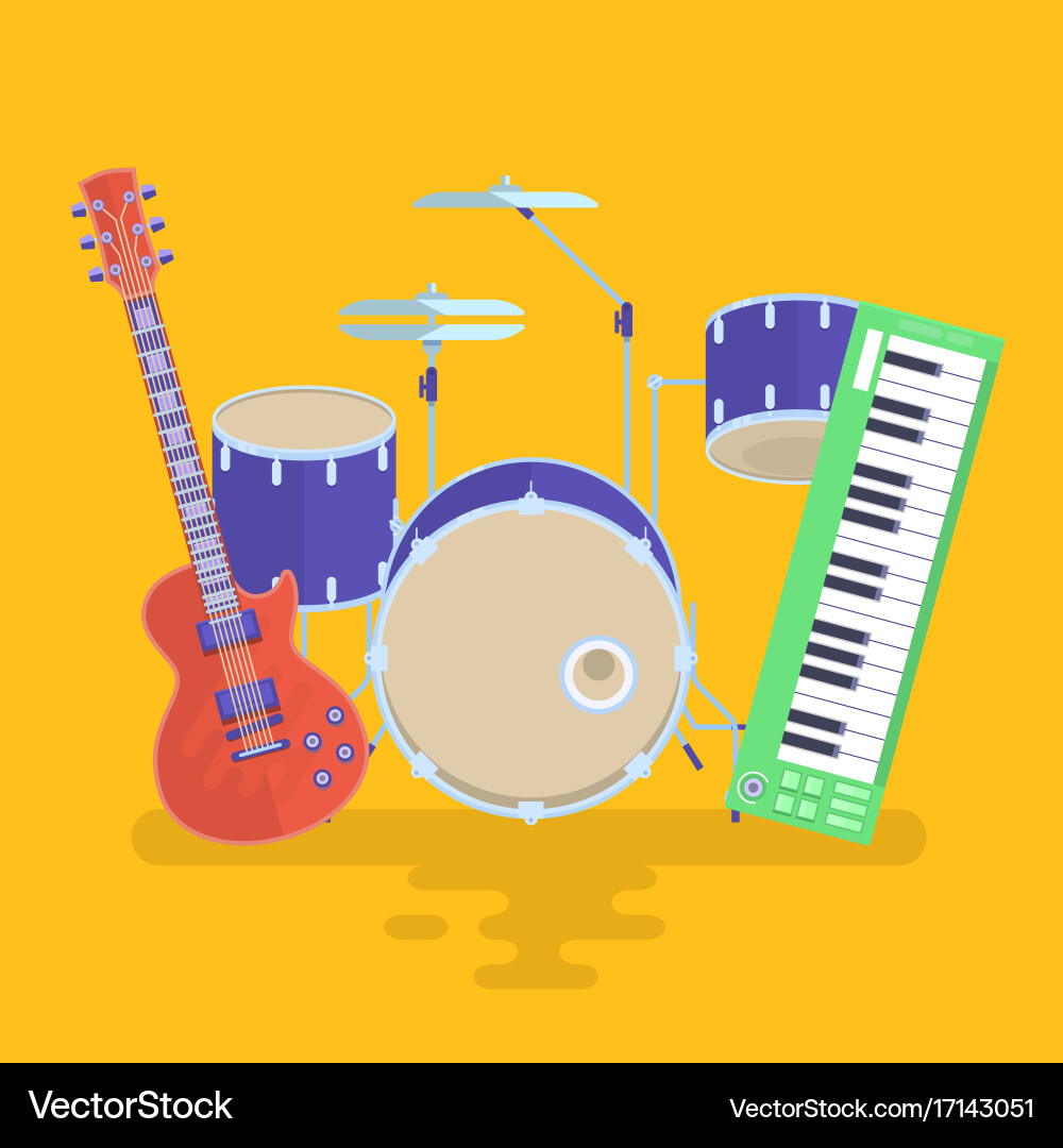 Musical instruments set guitar drums rock band Vector Image