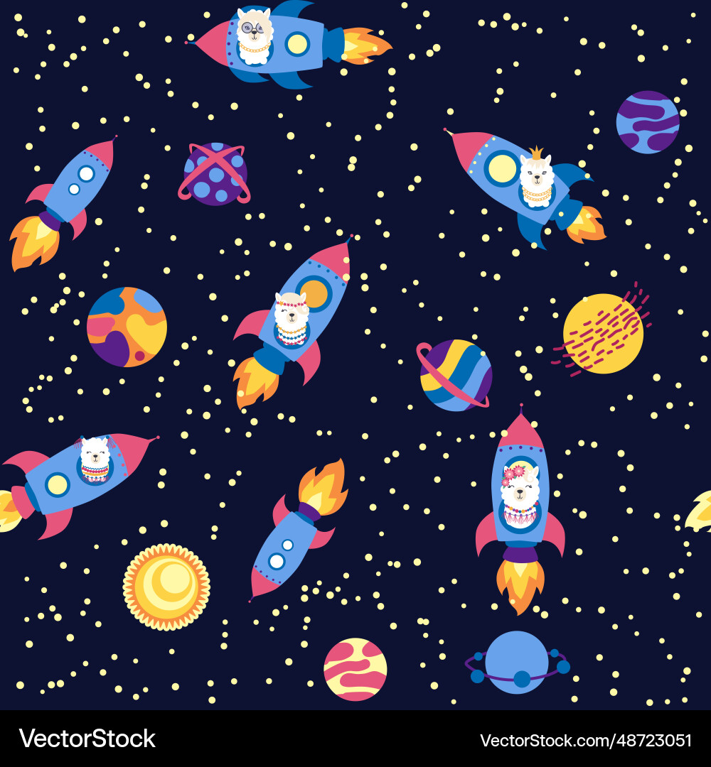 Seamless pattern with lama in a rocket space Seamless pattern with lama in a rocket space Vector Image