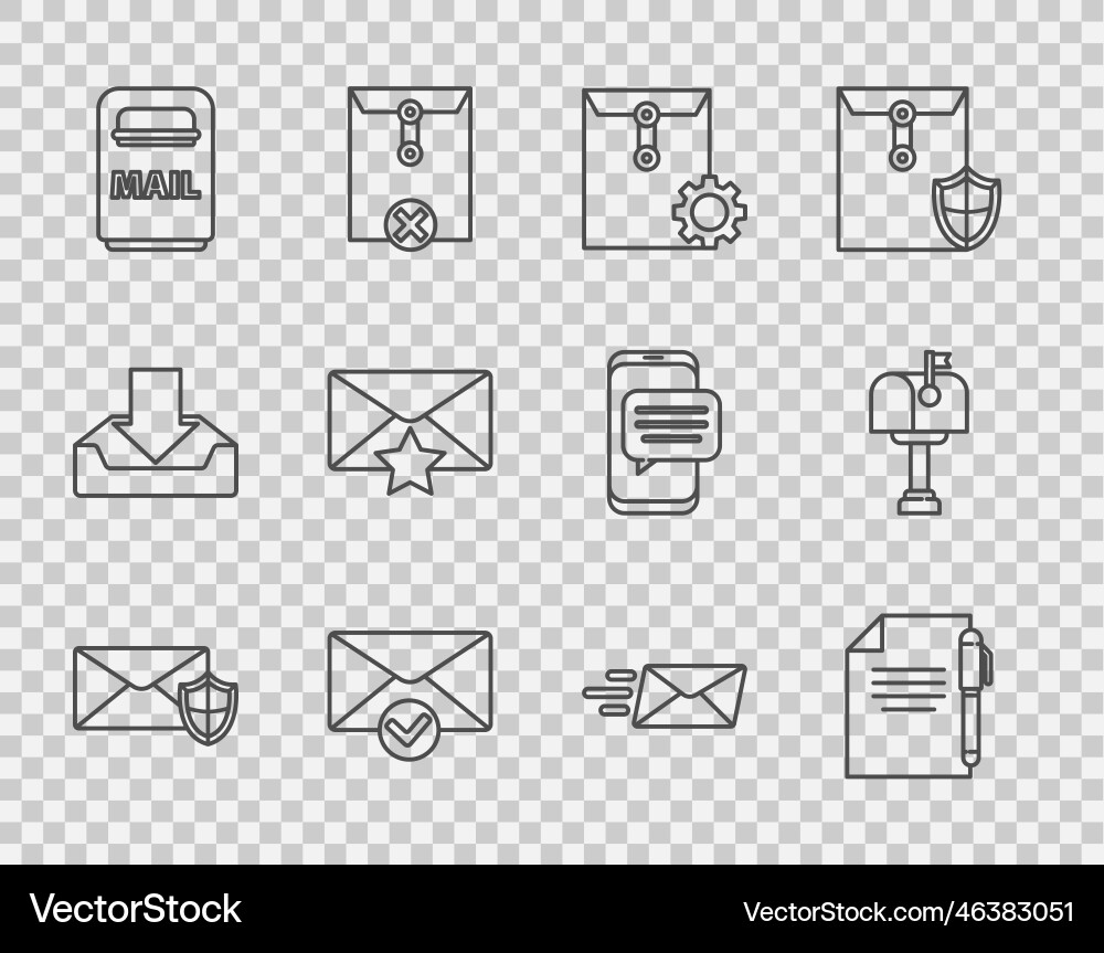 Set line envelope with shield document and pen Set line envelope with shield document and pen vector image
