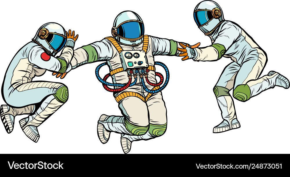 Three astronauts in space zero gravity isolate Three astronauts in space zero gravity isolate Vector Image