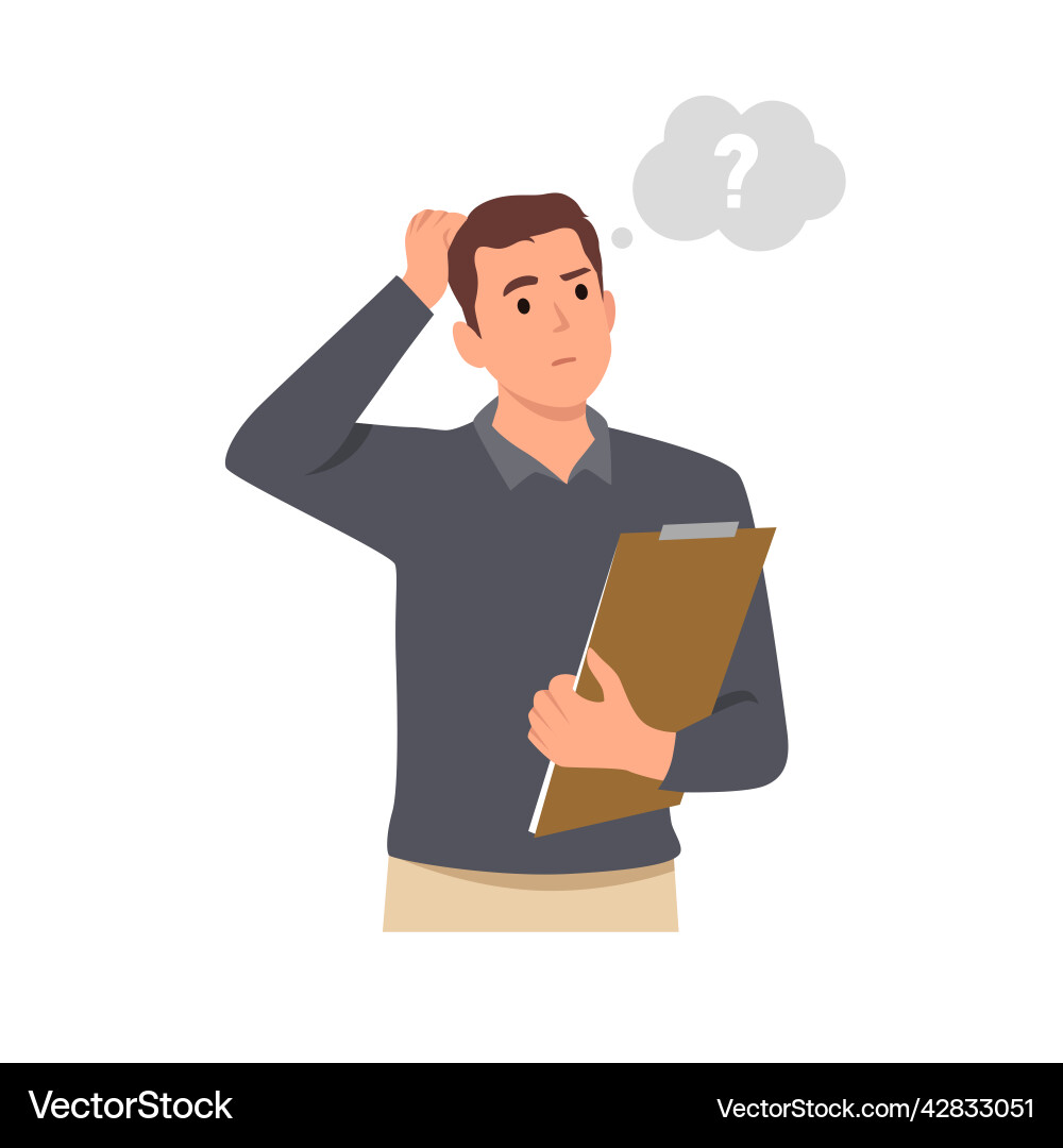 Young man cartoon standing feeling doubt Young man cartoon standing feeling doubt vector image