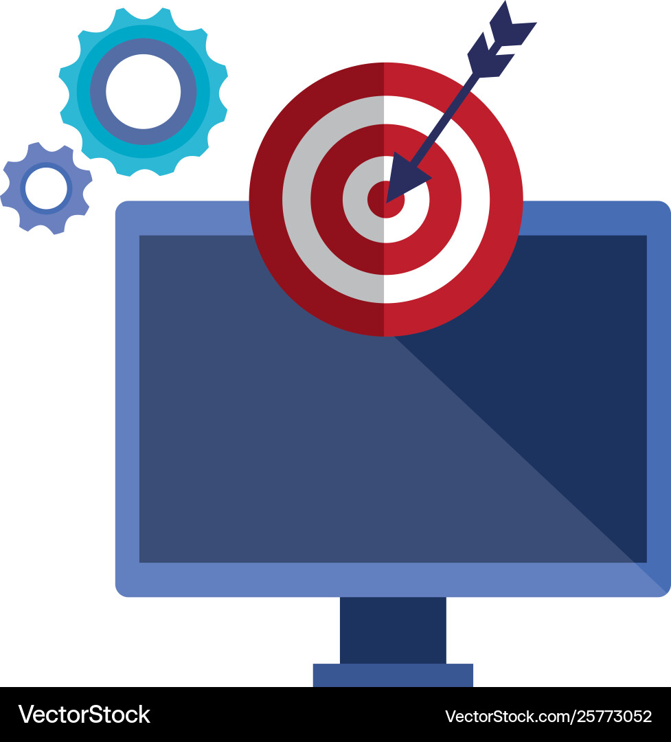 Computer with target arrow success and gears Computer with target arrow success and gears vector image