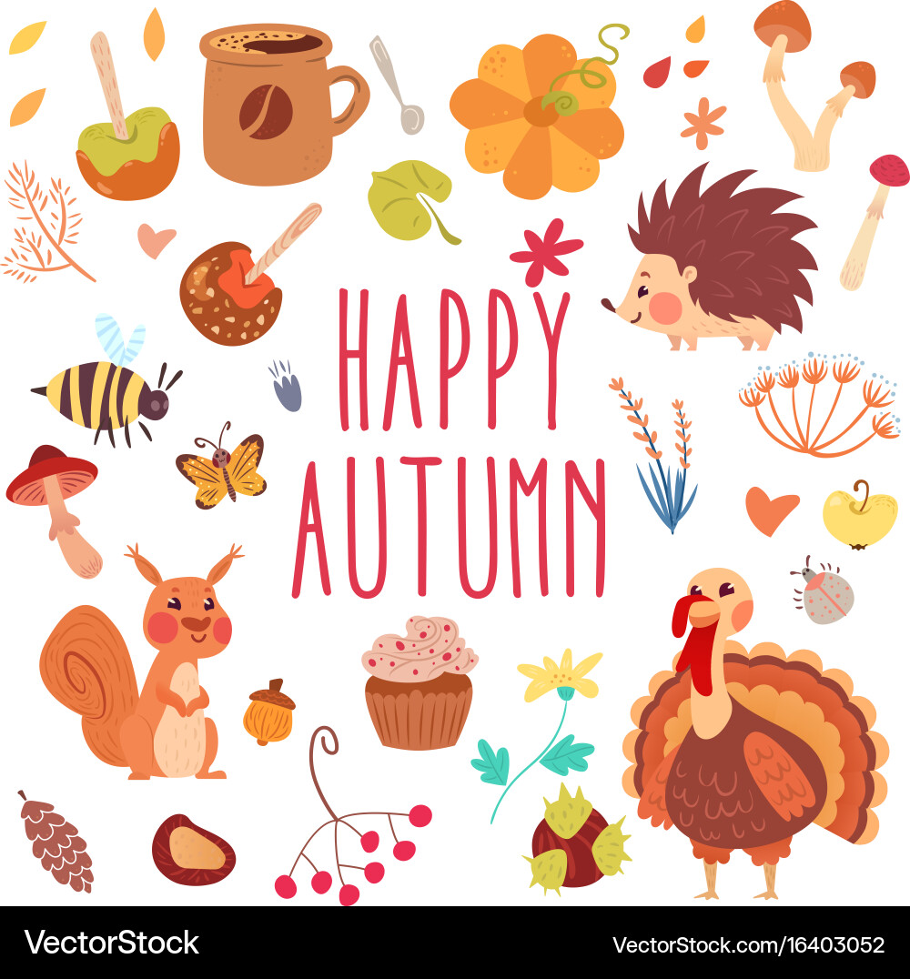 Cute Autumn Animal & Food Set Vector Image
