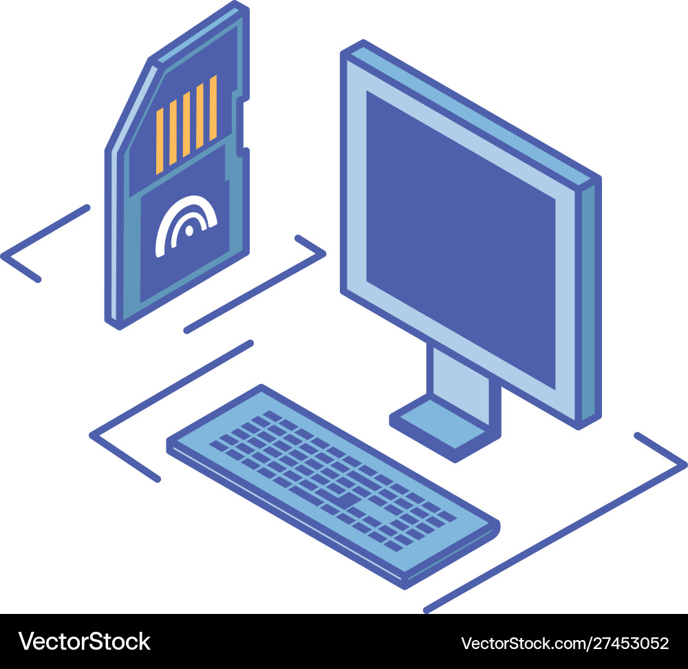 Desktop computer screen with keyboard and micro sd Desktop computer screen with keyboard and micro sd vector image