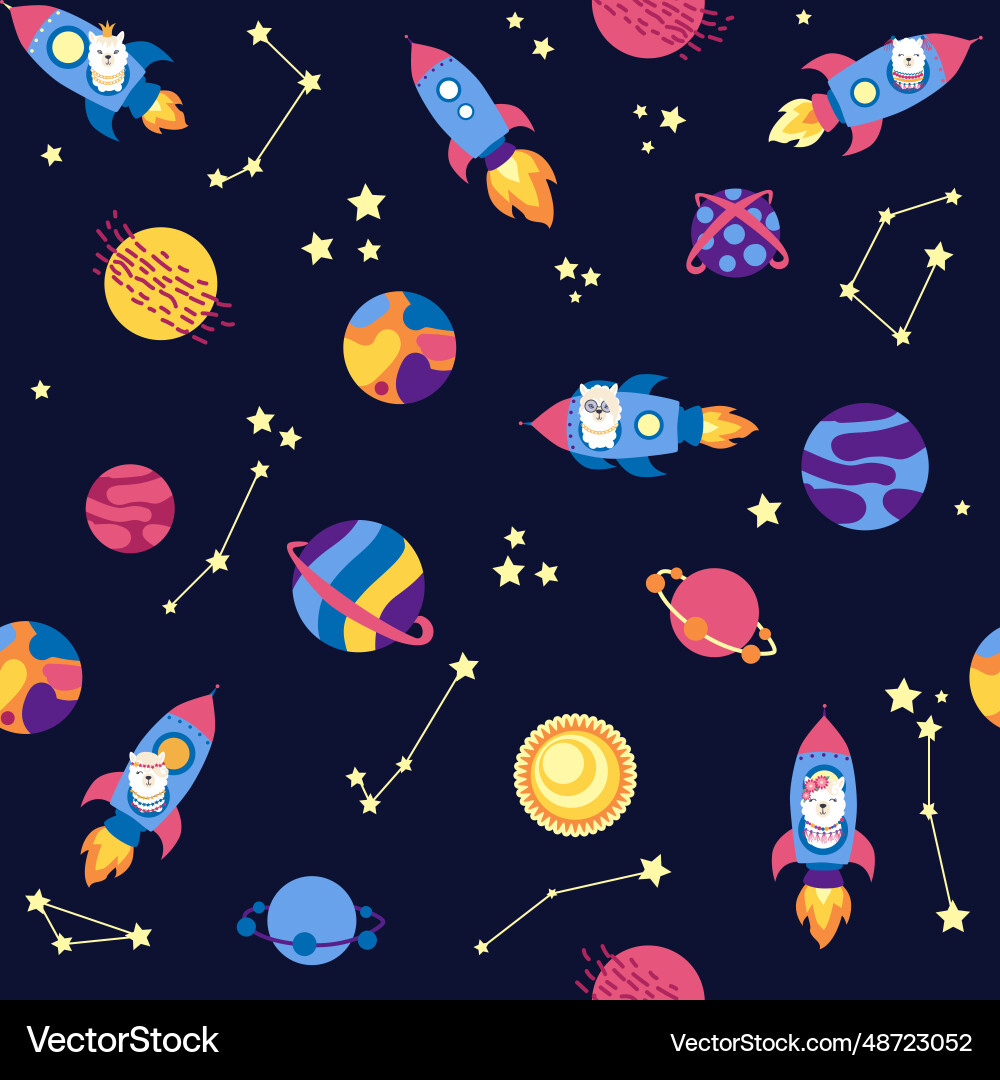 Seamless pattern with lama in a rocket space Vector Image