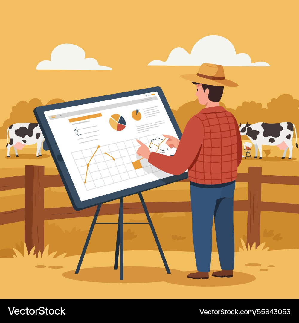 Farmer analyzing data on tablet with cows Vector Image