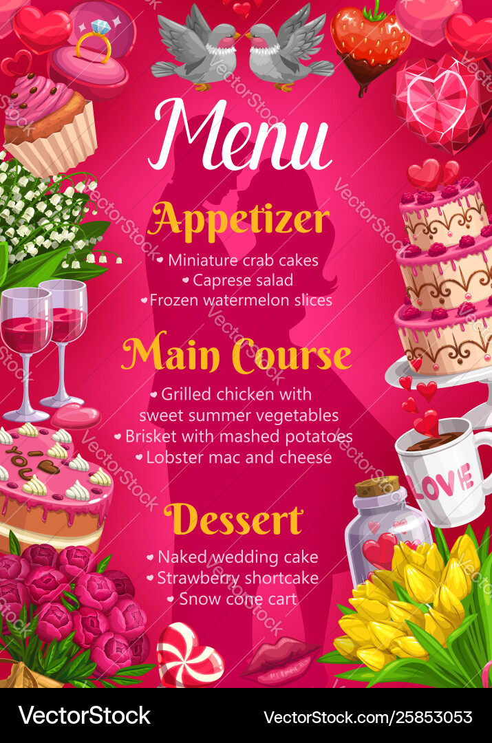 Hochzeitsmenü &amp Dessert Konzept Vektorbild