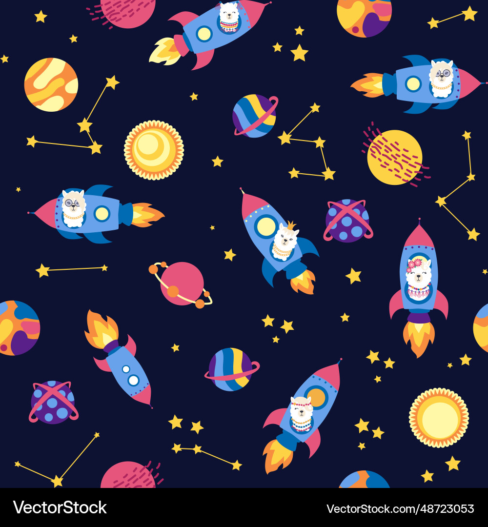 Seamless pattern with lama in a rocket space Seamless pattern with lama in a rocket space Vector Image