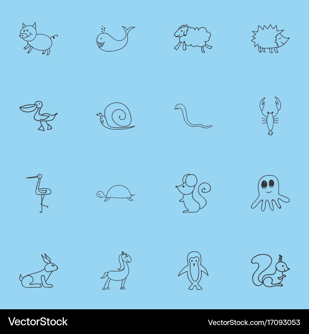 Set of 16 editable zoo doodles includes symbols Vector Image