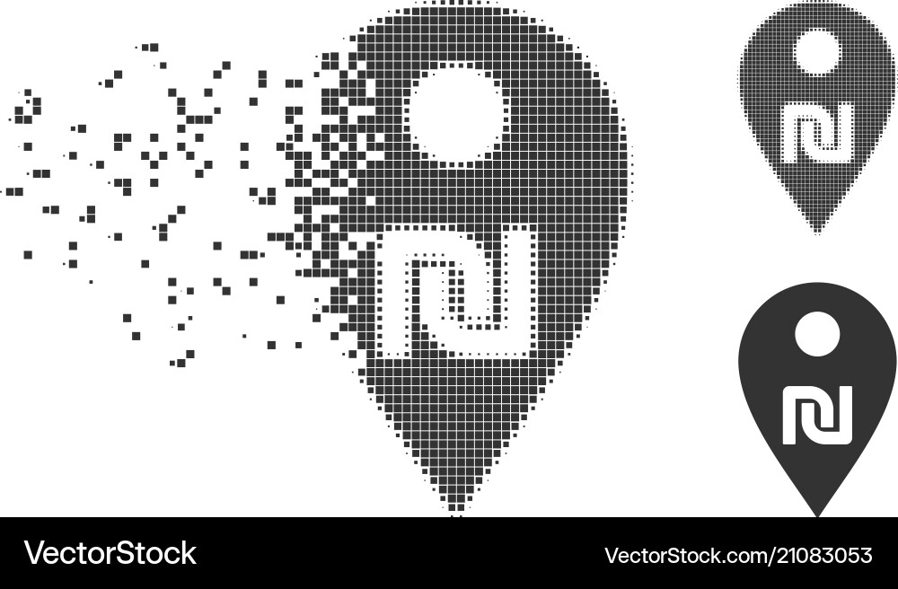 Shekel map marker disintegrating pixel halftone Shekel map marker disintegrating pixel halftone vector image