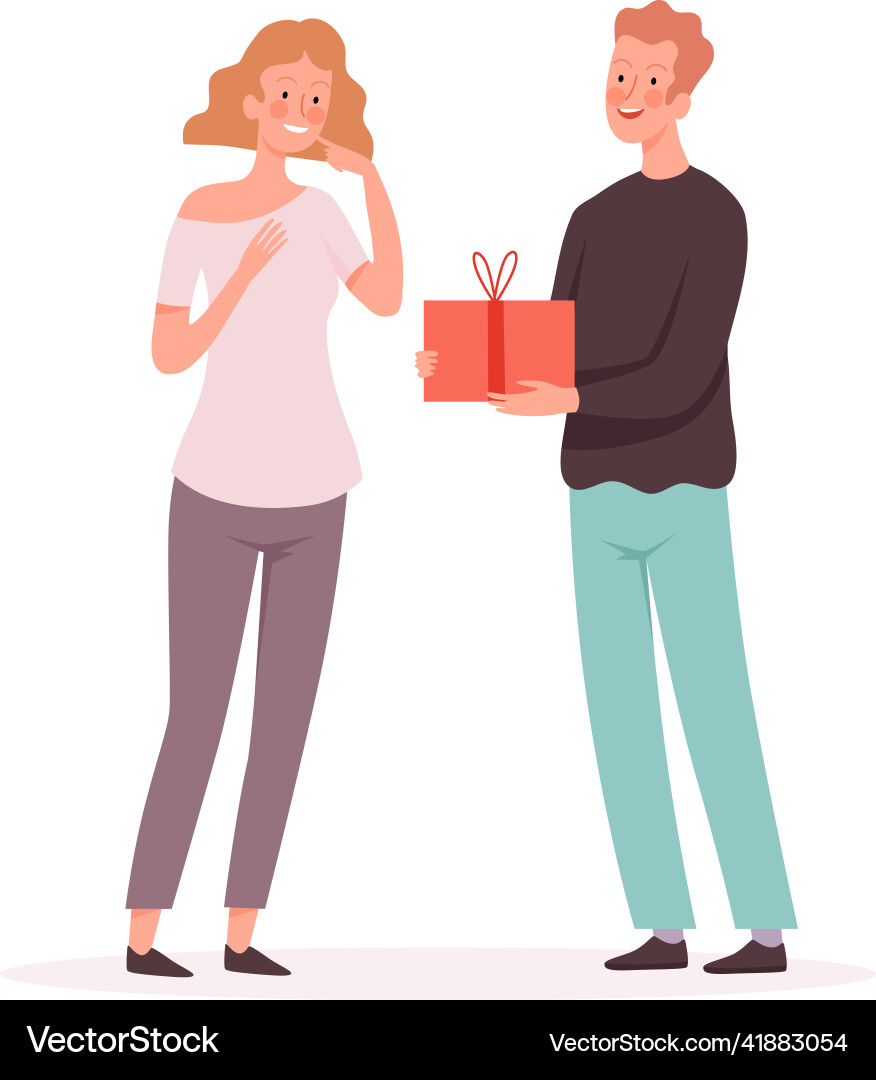 Happy woman receives gift husband and wife guy Happy woman receives gift husband and wife guy vector image