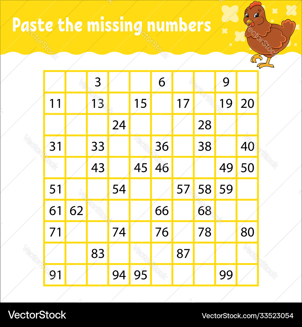 Paste missing numbers from 1 to 100 Paste missing numbers from 1 to 100 vector image