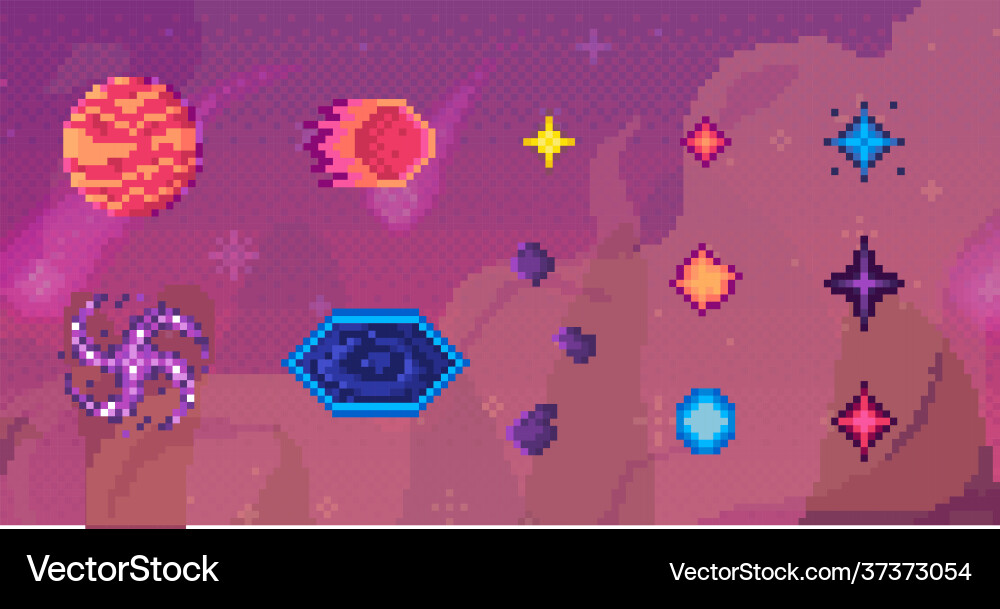 Pixelated sky with flying objects alien space Pixelated sky with flying objects alien space vector image