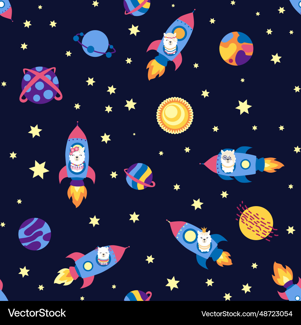 Seamless pattern with lama in a rocket space Vector Image