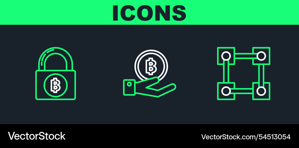 Set line blockchain technology lock with bitcoin Set line blockchain technology lock with bitcoin vector image