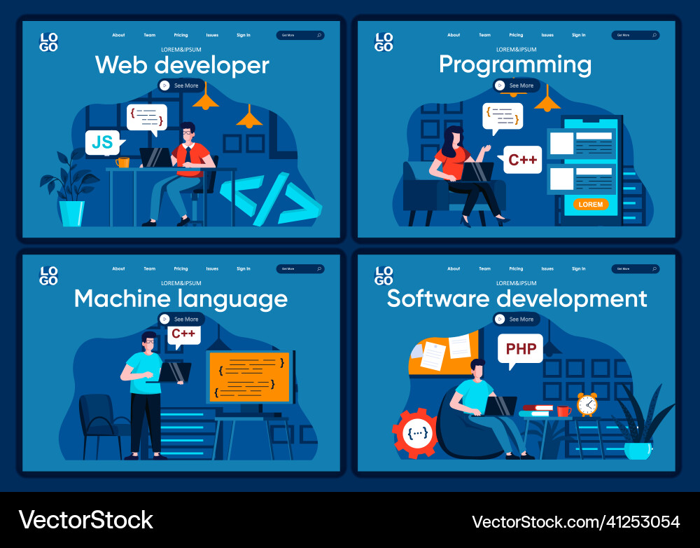 Software development flat landing pages set vector image