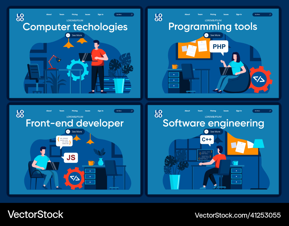 Computer technologies flat landing pages set Computer technologies flat landing pages set vector image