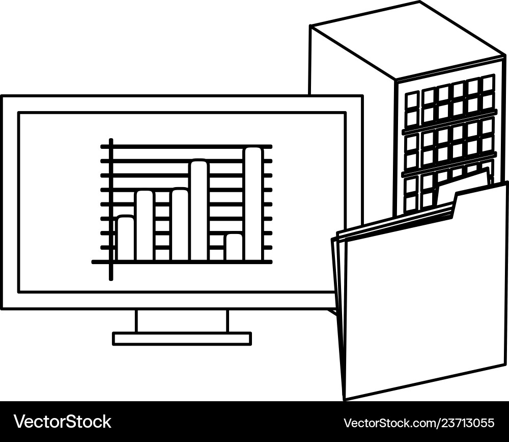 Computer with statistics and folder black Vector Image
