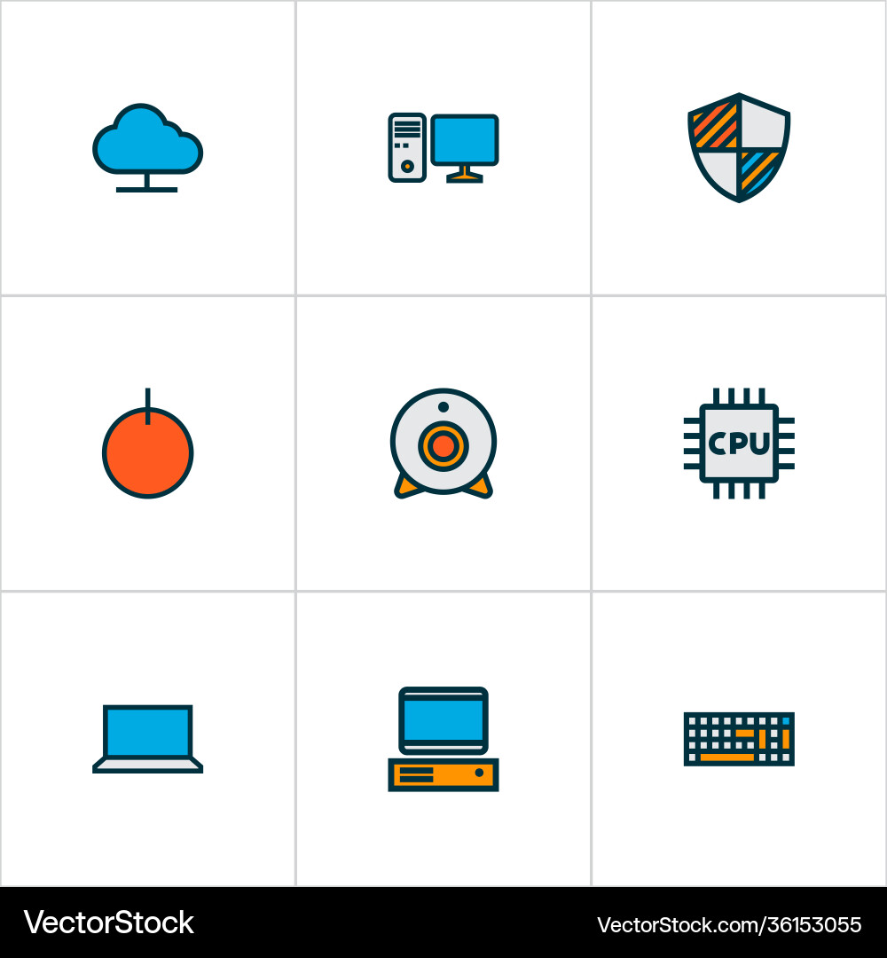 Hardware icons colored line set with start button Hardware icons colored line set with start button vector image