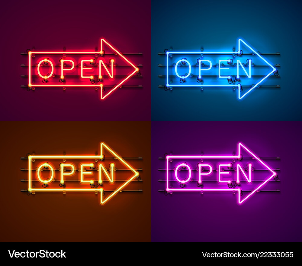 Neon arrow sign with text open vector image