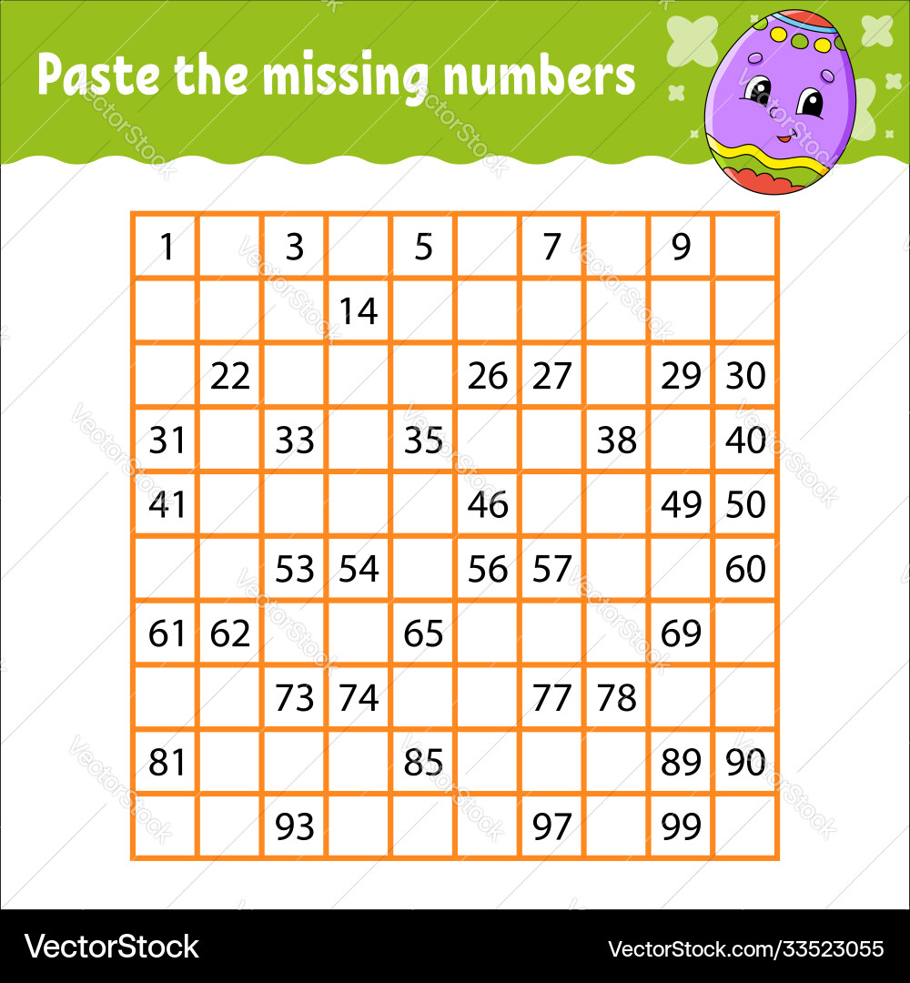 Paste missing numbers from 1 to 100 Paste missing numbers from 1 to 100 vector image