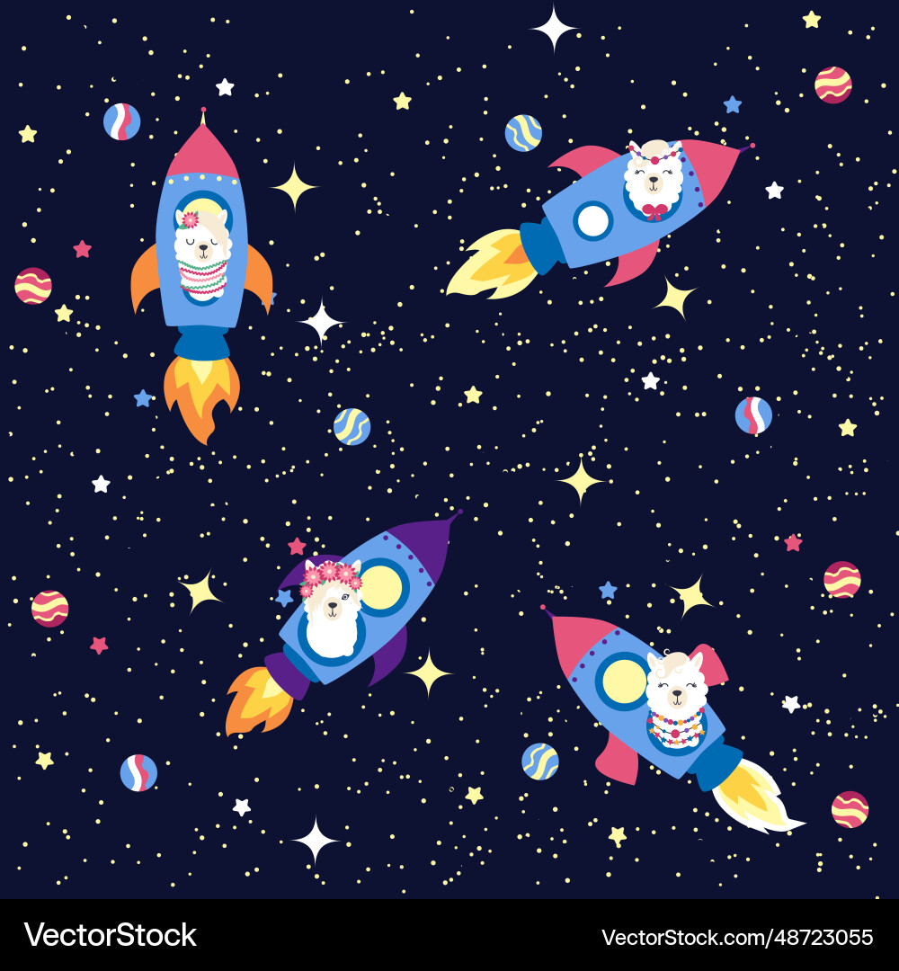 Seamless pattern with lama in a rocket space Vector Image