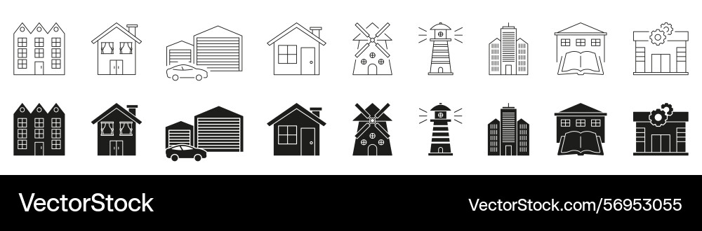 Various building types line and solid icon set Various building types line and solid icon set vector image