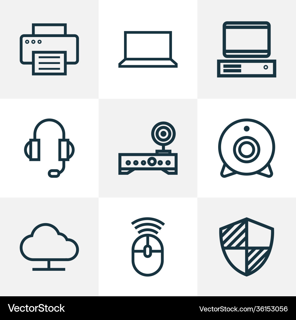 Hardware icons line style set with notebook Hardware icons line style set with notebook vector image