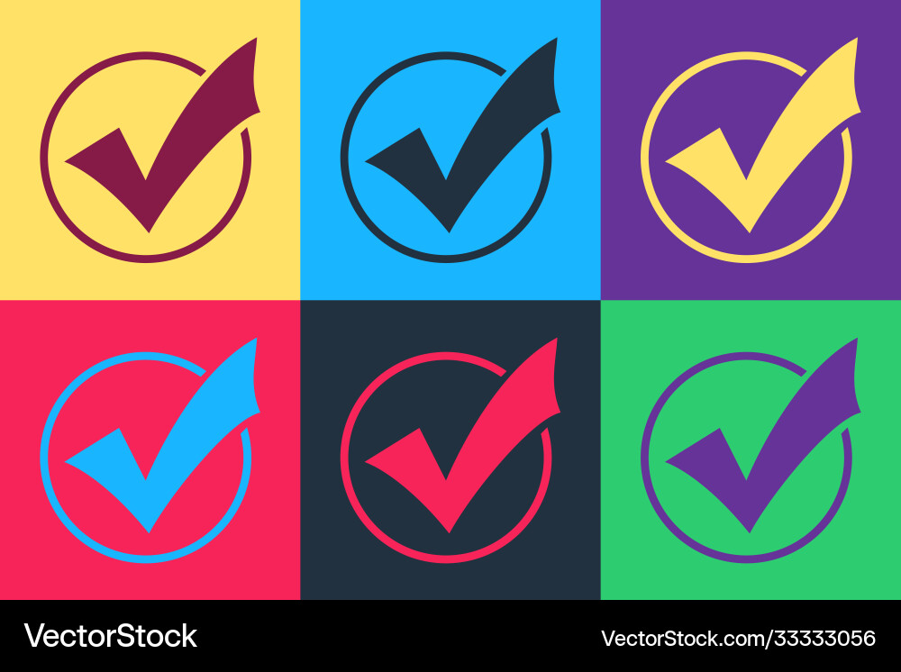 Pop art check mark in round icon isolated on color Pop art check mark in round icon isolated on color vector image