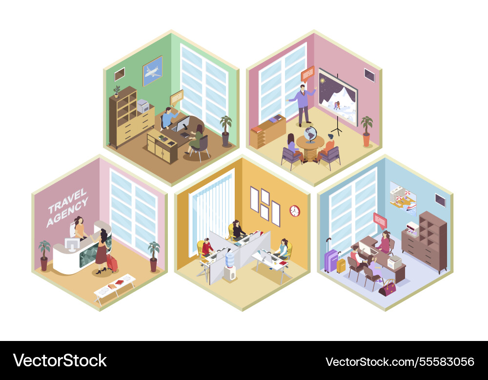 Reisebüro 3d isometrische Zimmer Konzept Reisebüro 3d isometrische Zimmer Konzept vektorbild