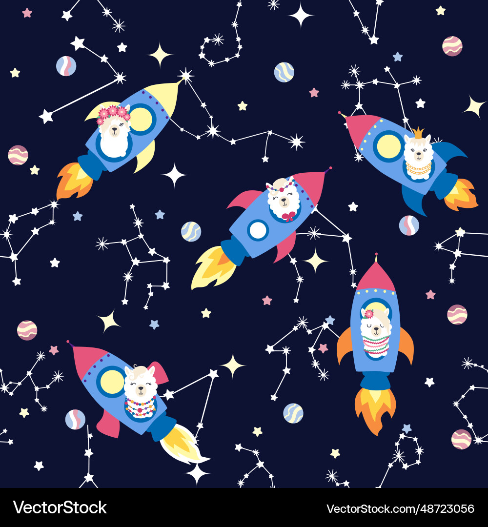 Seamless pattern with lama in a rocket space Vector Image
