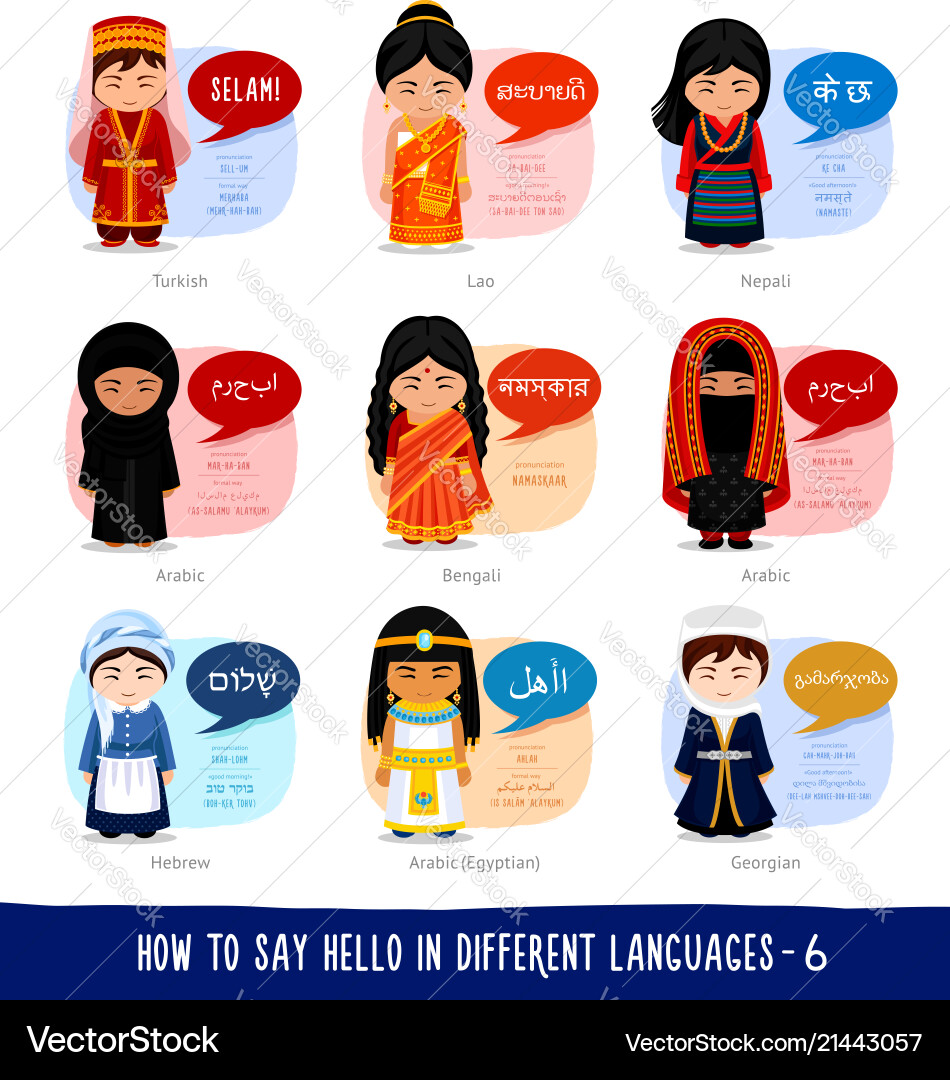 Girls saying hello in foreign languages Girls saying hello in foreign languages vector image