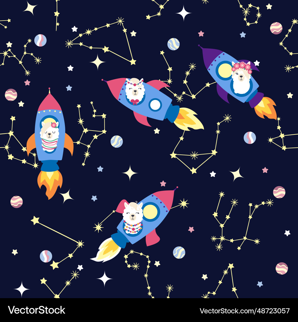 Seamless pattern with lama in a rocket space Seamless pattern with lama in a rocket space Vector Image