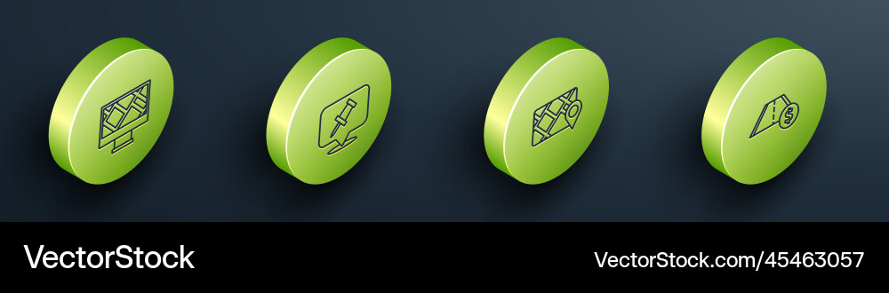 Set isometric line monitor with map location push Set isometric line monitor with map location push vector image