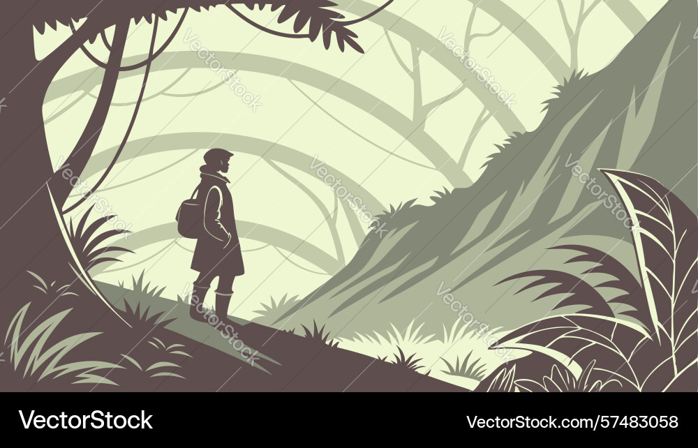 Lone figure on a path in mysterious forest Vector Image