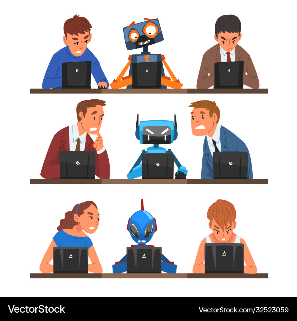 Humans vs robots set people and androids working Humans vs robots set people and androids working vector image