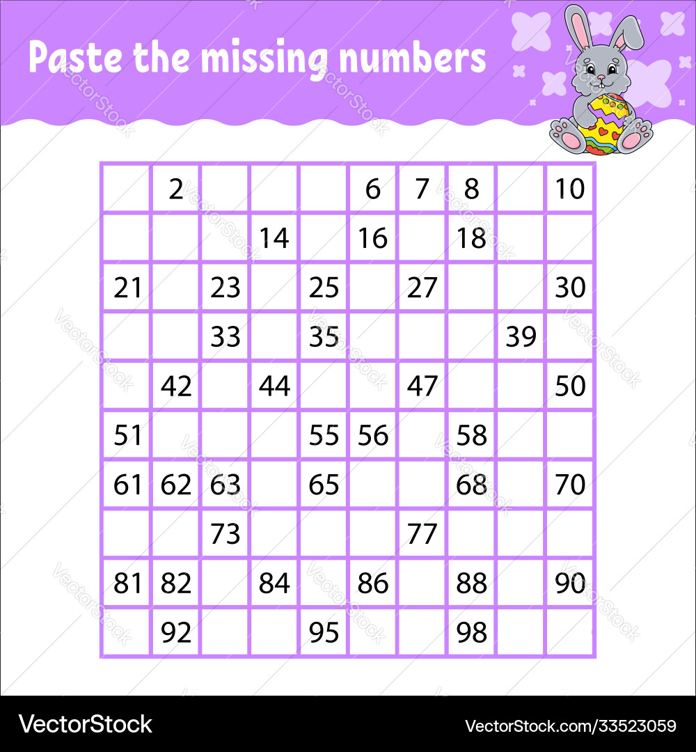 Paste missing numbers from 1 to 100 Paste missing numbers from 1 to 100 Vector Image