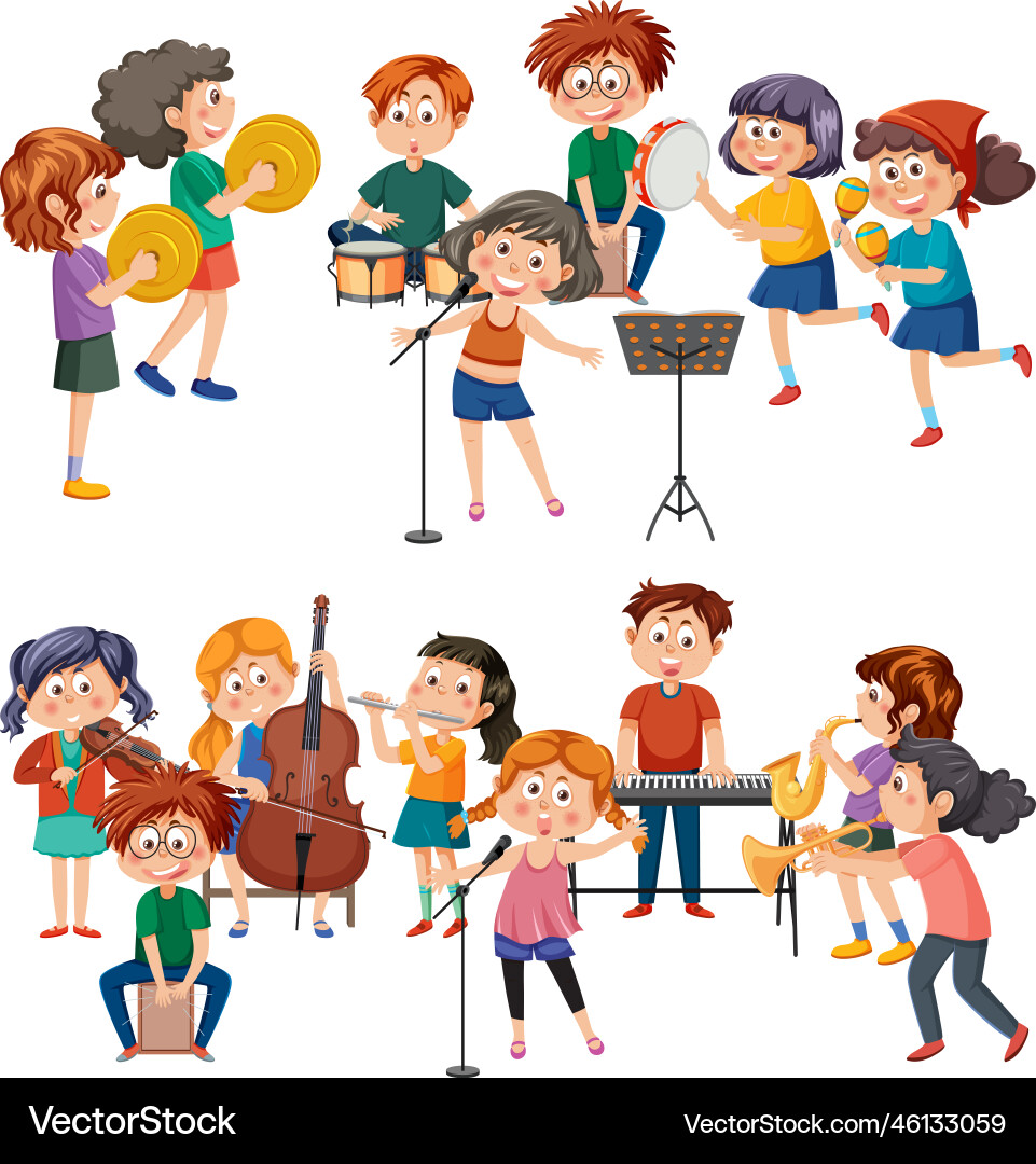Set Cartoon Kindercharakter mit Musik Set Cartoon Kindercharakter mit Musik vektorbild