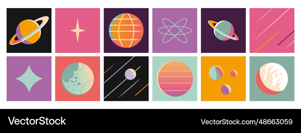 Set of space element planets and stars square Set of space element planets and stars square Vector Image