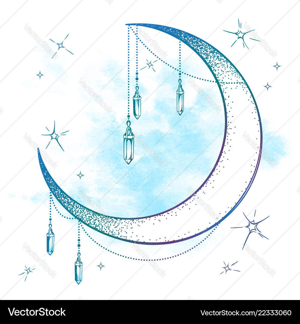 Blue crescent moon with moonstone gem pendants Blue crescent moon with moonstone gem pendants vector image