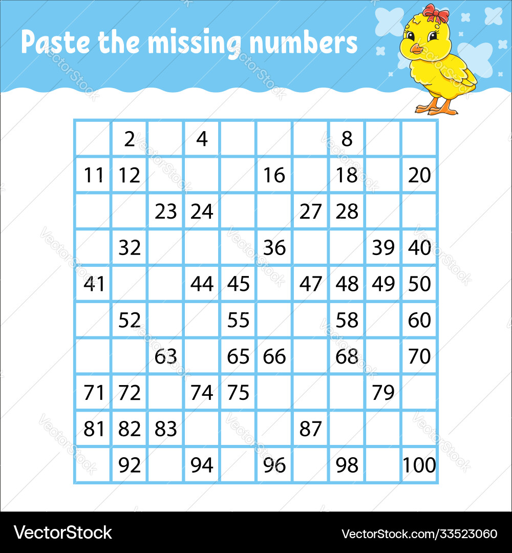Paste missing numbers from 1 to 100 Paste missing numbers from 1 to 100 vector image