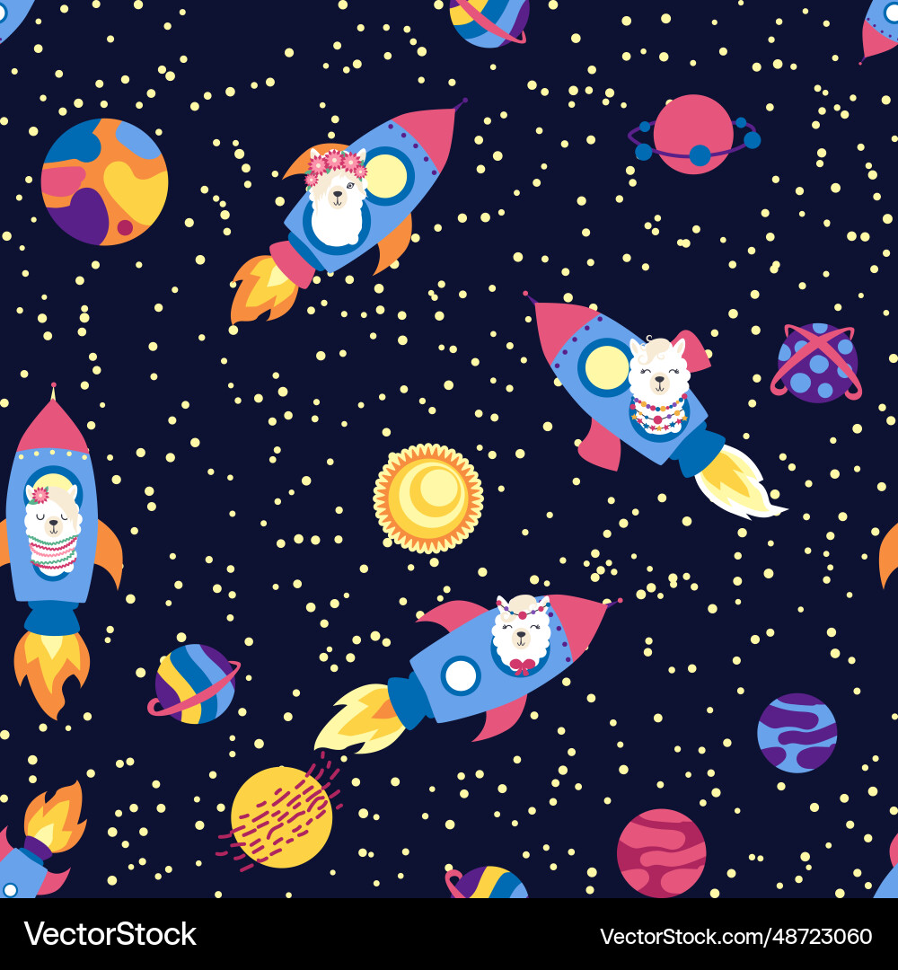 Seamless pattern with lama in a rocket space Seamless pattern with lama in a rocket space Vector Image