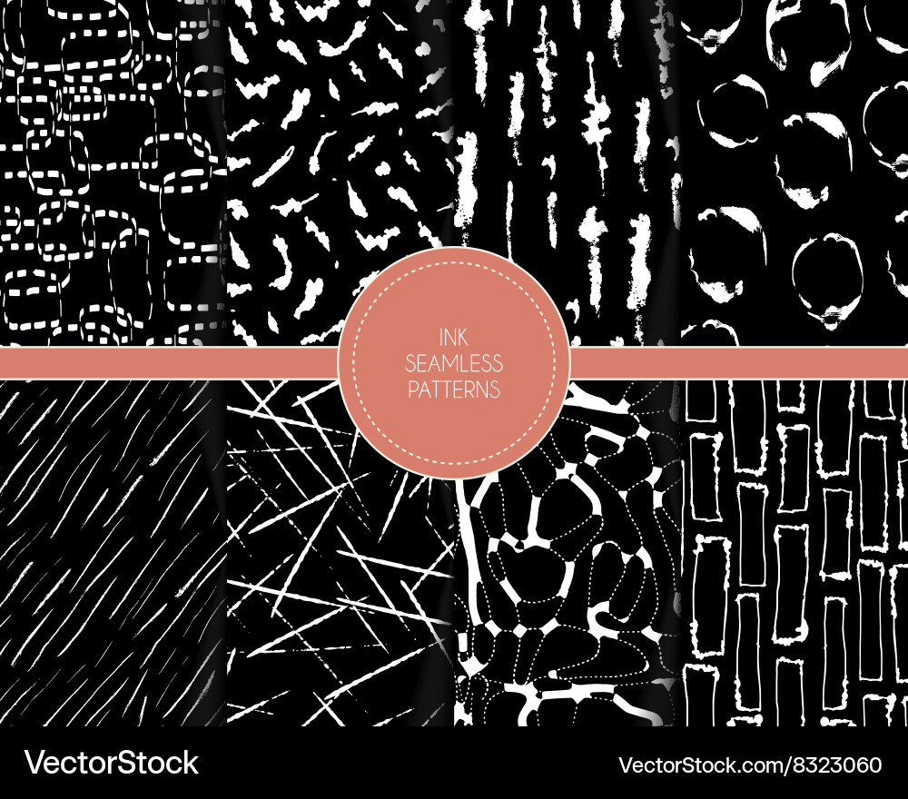 Set of abstract seamless ink patterns on black Vector Image