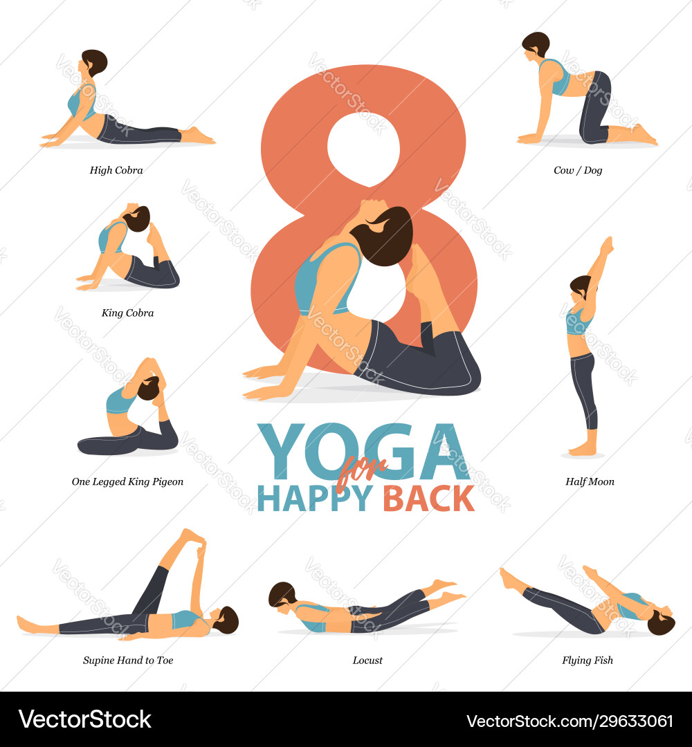 8 Yoga Poses for Back Pain Relief vector image